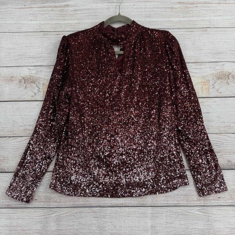 Cable & Gauge‎ Sequined Keyhole Long Sleeve Blouse Womens Small Red Ombre NEW